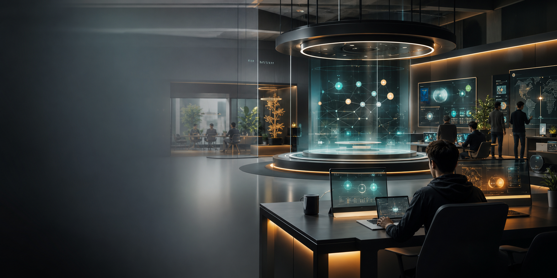 Visual pusat operasi AI modern dengan dashboard produk dan workstation kolaboratif